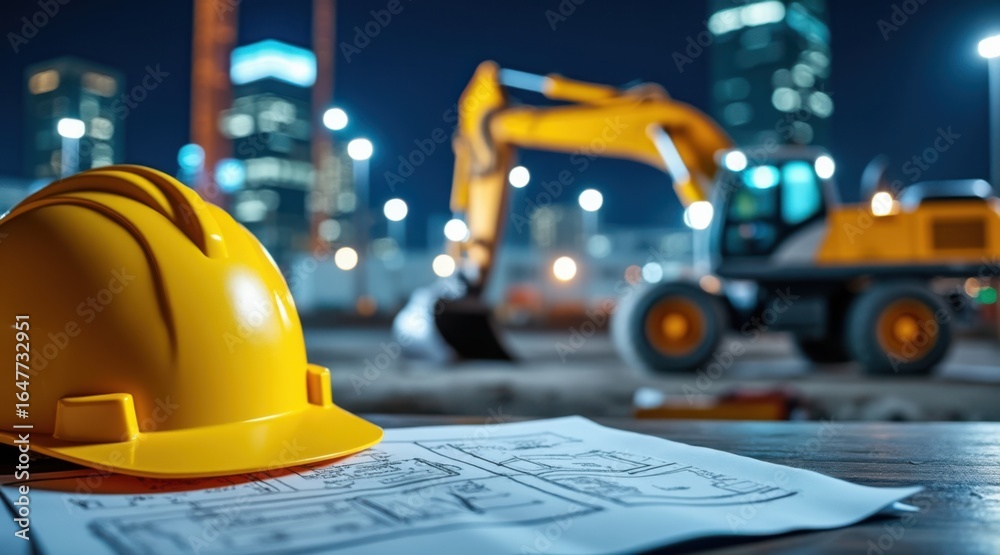 Fototapeta premium Hard hat and blueprints at night, a yellow hard hat and plans sit on a table with a blurred excavator and cityscape, symbolizing construction planning and urban development after hours.