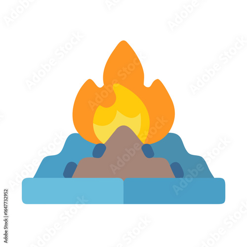 Stylized campfire graphic in orange, blue, and brown against a black background