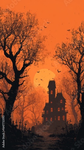 Eerie haunted house surrounded by barren trees and bats at dusk creating a spooky atmosphere