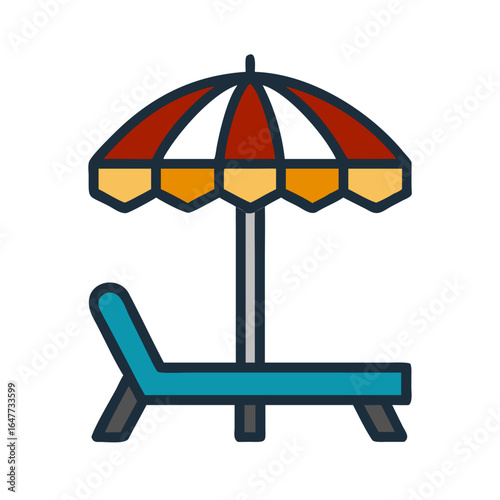 Iconic beach scene with lounge chair and umbrella on a black background