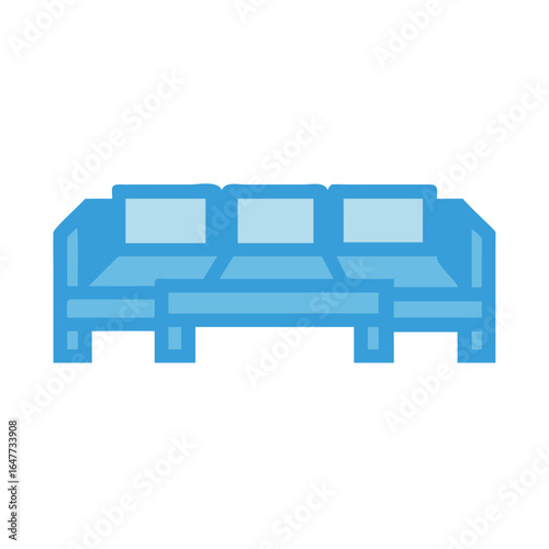 Flat design light blue couch illustration with three seats on black background