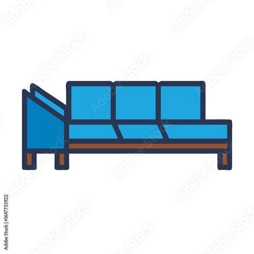 Illustration of a modern blue sofa with brown legs in flat style