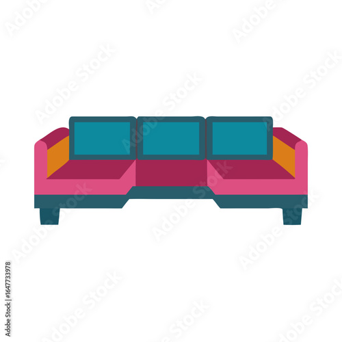 Modern three-seater sofa with vibrant cushions in flat design style on black background