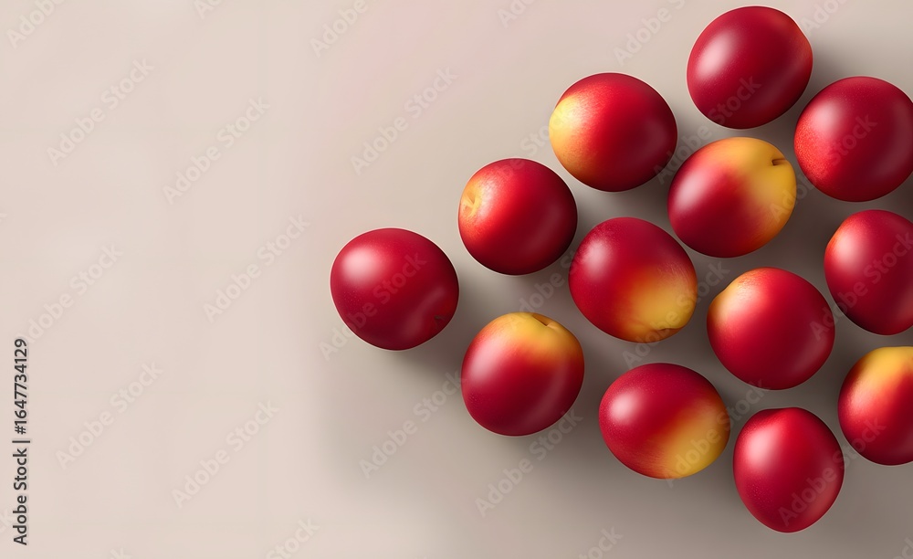 Red nectarines with yellow blush arranged on right side over beige background. Horizontal fruit background for food design and packaging Red nectarines with yellow blush arranged on right side over beige background. Horizontal fruit background for food design and packaging