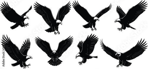Majestic eagle flying silhouette vector set, powerful bird of prey icons, detailed raptor wings spread, wildlife nature symbols, hunting eagle illustrations