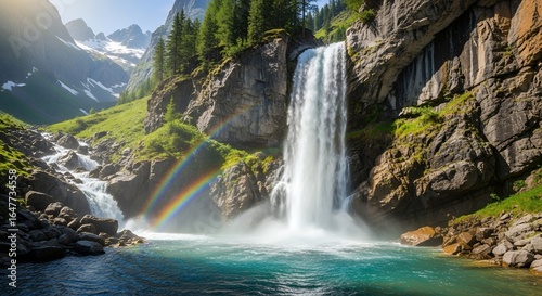 Majestic Waterfall in Mountain Landscape with Rainbow and Green Forest