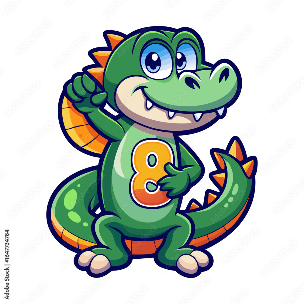 Obraz premium Playful alligator cartoon character with giant number eight, fun children’s book illustration, cute educational animal vector design for kids
