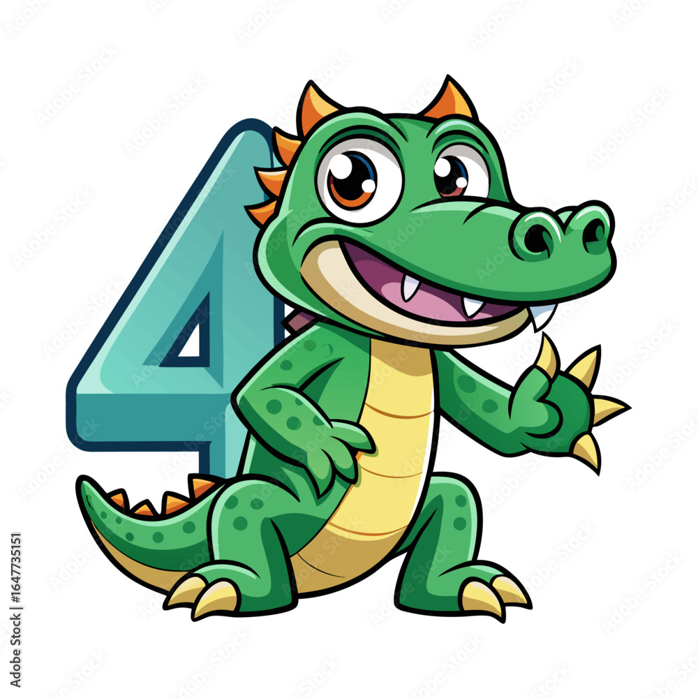 Obraz premium Playful alligator cartoon character holding giant number four, cute children book illustration, educational animal vector design for kids learning
