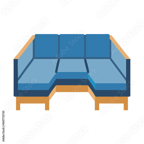 Blue sectional sofa with wood frame on black background, modern furniture illustration