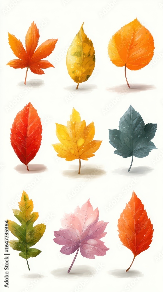 Obraz premium Colorful autumn leaves displayed in various shapes and shades on a light background