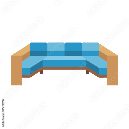 Minimalist Flat Style Blue Sectional Sofa Isolated on Black Background