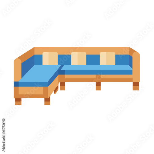 Modern sectional sofa illustration with wooden frame and blue cushions on black