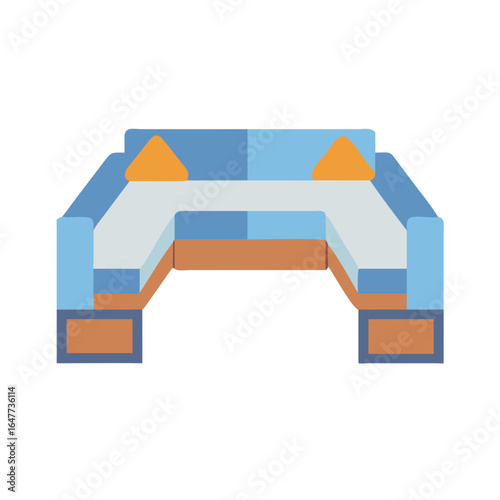 Minimalistic illustration of a sectional sofa with orange throw pillows on a black background
