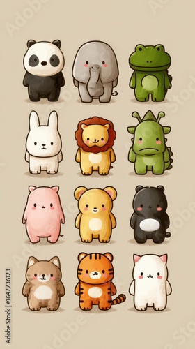 Cute cartoon animals arranged in a grid with diverse characters featuring a panda, elephant, frog, and more