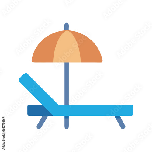 Minimalist beach scene featuring a blue lounge chair and orange umbrella