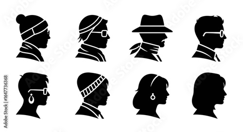 A diverse collection of eight black and white silhouette profiles of people, showcasing various hairstyles, headwear, and accessories.