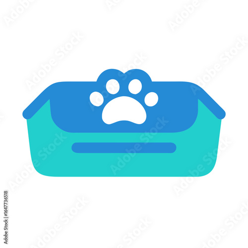 Blue cartoon cat litter box with black paw print against black backdrop