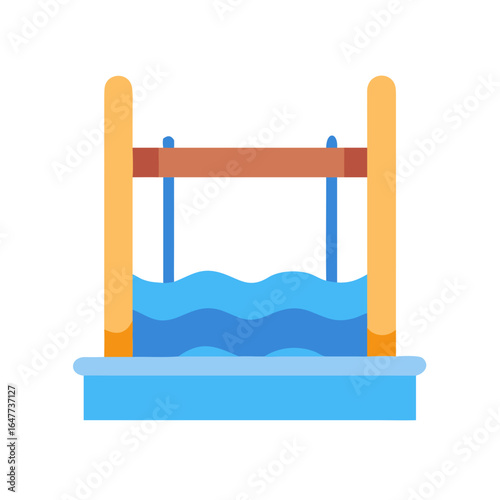Flat vector illustration of water gate structure with wooden supports on black background