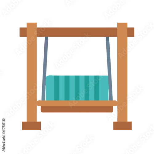 Isolated wooden swing set with teal cushion against a black background