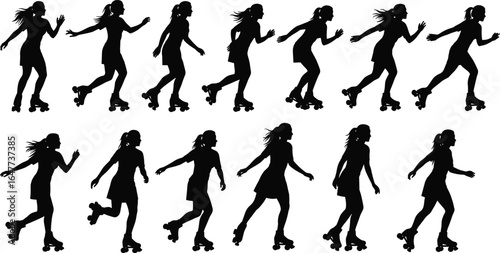 Roller Skating Girl Silhouettes in Motion, Female Skater Poses, Vintage Quad Skates, Active Women Skating Vector Illustration for Sports and Fitness Designs