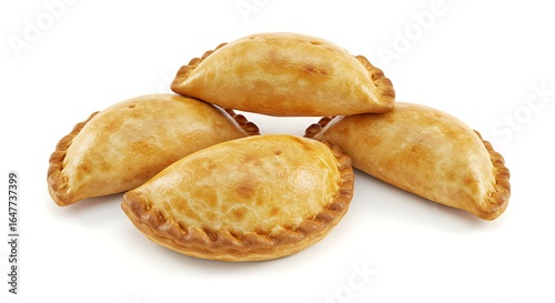 “Freshly made empanadas with golden crust, arranged in the center of a white background with wide margins, realistic and appetizing.”