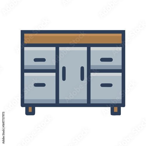 Illustration of a stylish storage cabinet with drawers and doors on black background
