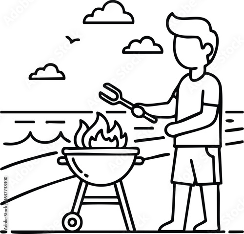 Man cooking on a barbecue grill at the beach. Summer vacation outdoor picnic line art illustration.