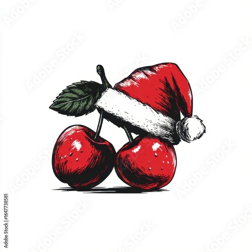 Cherries wearing a Santa hat for a festive and cheerful Christmas vibe in a creative design