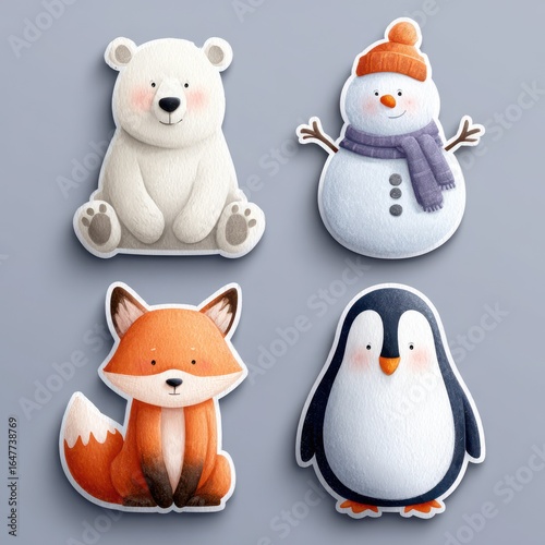 Cute winter animal stickers featuring a polar bear, snowman, fox, and penguin for seasonal decoration and crafts