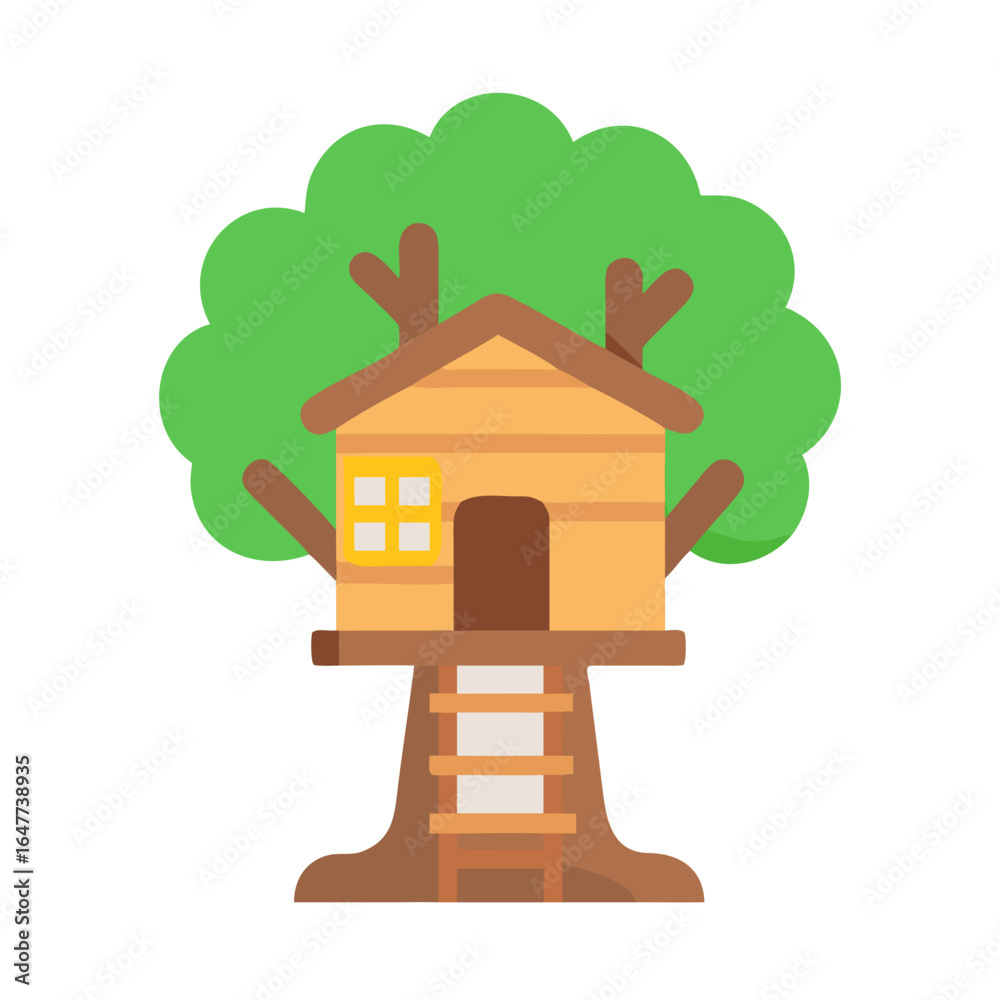 Fototapeta premium Flat vector illustration of a treehouse with ladder on black background