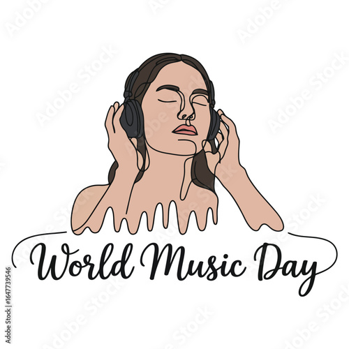 Woman with headphones enjoying music on World Music Day girl Vector illustration of