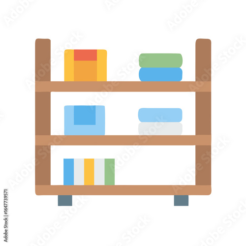 Colorful cartoon storage shelf with boxes and folded towels against a black background
