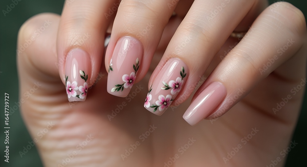 Naklejka premium manicure nude base and delicate pink and white floral designs