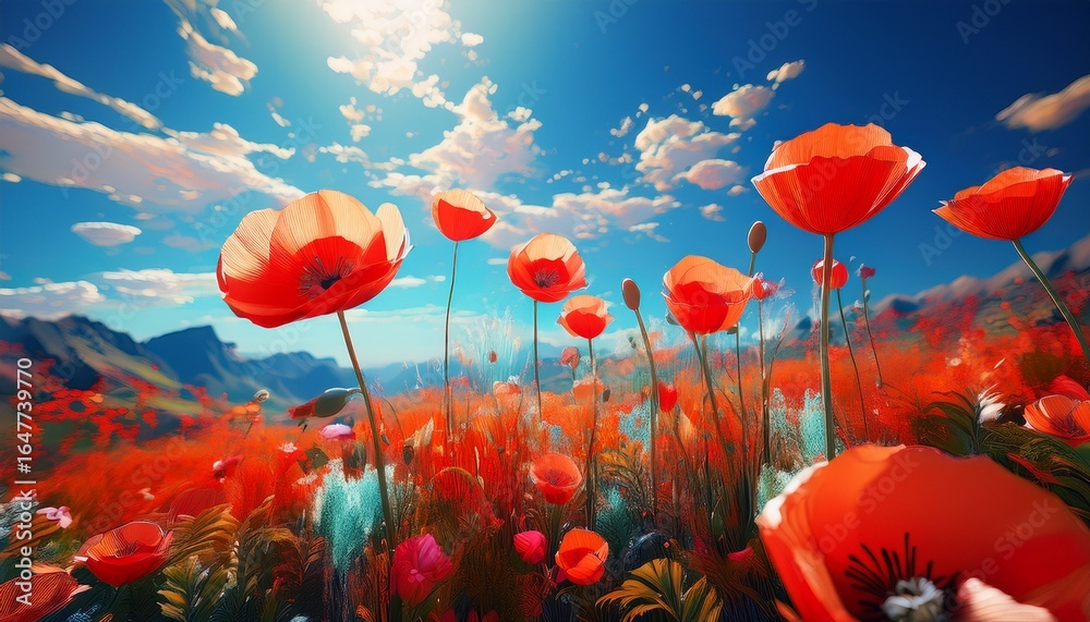 Fototapeta premium vibrant red poppy flowers stand tall under a bright sky this image captures the beauty of nature in a stunning floral scene perfect for designs and backgrounds ai