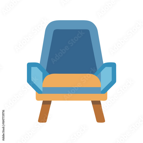 Isolated blue armchair with armrests in flat cartoon design against black background