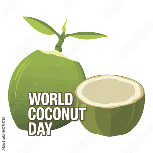 World Coconut Day with whole and halved green coconuts celebration holiday Vector illustration of