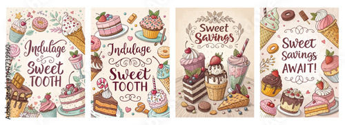 Colorful dessert illustrations celebrating sweet treats and savings, featuring cakes, ice cream, and candies.