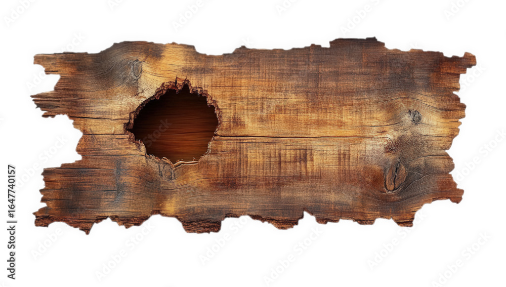 Fototapeta premium Old weathered wooden plank with a hole in the center, isolated on transparent background