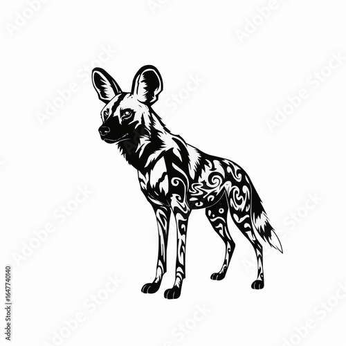 African wild dog illustration with decorative patterns in black  