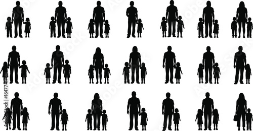 Silhouette collection of parent and child family groups, father and mother with daughters, ideal for family concepts, parenting, or social design