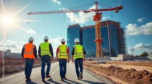 Construction team walking on site, a group of workers walk away from a modern building under construction with a crane, symbolizing professional teamwork, collaboration