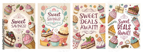 Colorful dessert-themed promotional banners featuring various sweets and treats.