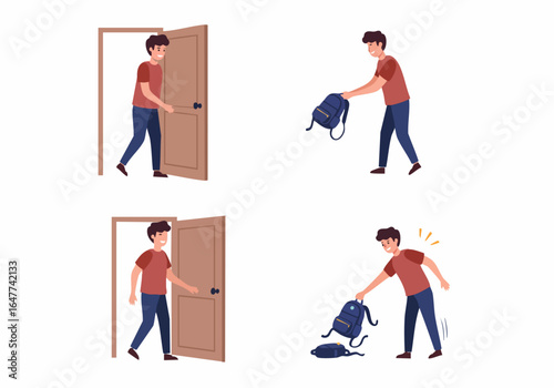 Man arrives home, drops backpack carelessly, and contents spill out in an everyday mishap illustration.