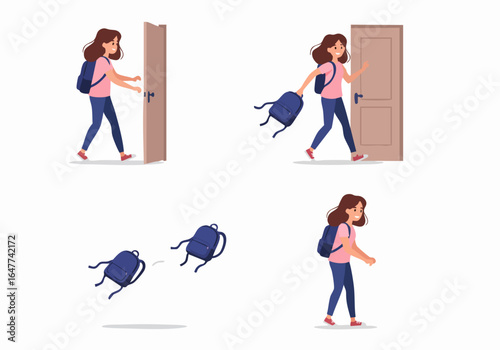 Animated sequence of a happy student arriving home, tossing her backpack, and feeling relief after a long day.