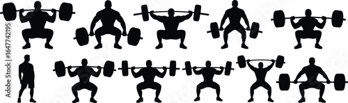 Silhouette set of athletes performing barbell squats, strength training poses, gym workout, weightlifting exercise, bodybuilding vector, power fitness illustration