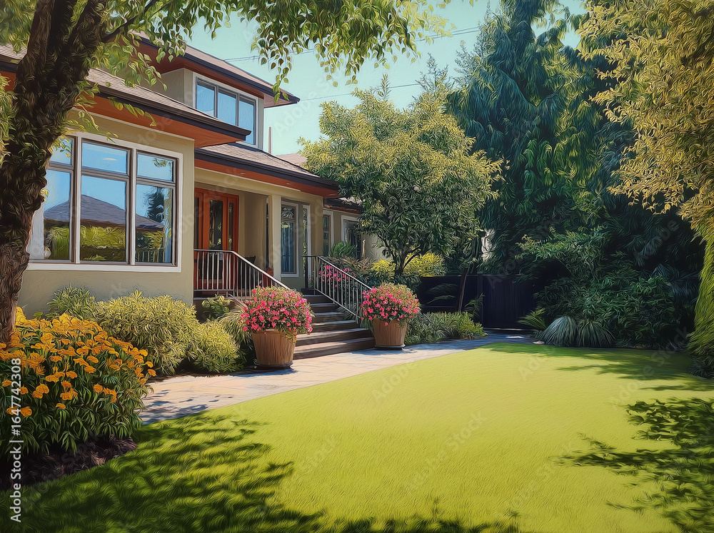 Fototapeta premium A photo of an artificial grass installation in the backyard, a lush green lawn. In front is a clean and smooth surface with small and beautiful flowers on each side of it