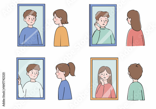 Illustrations of diverse individuals contemplating their reflections in mirrors, depicting self-perception, identity, and various viewpoints through introspective moments.