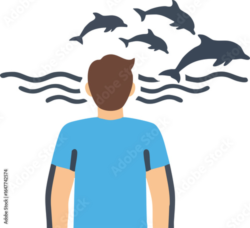 Conceptual flat vector illustration of a person imagining a pod of dolphins jumping playfully in the sea waves, representing dreams and nature.