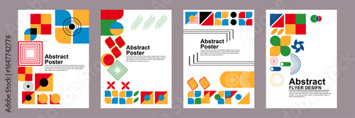 Geometric abstract art inspired by postmodernism. Abstract dynamic symbols with bold geometric shapes useful for web backgrounds, posts. Poster vector printing.