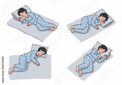 Illustration showing various comfortable side sleeping positions for restful sleep and optimal health.